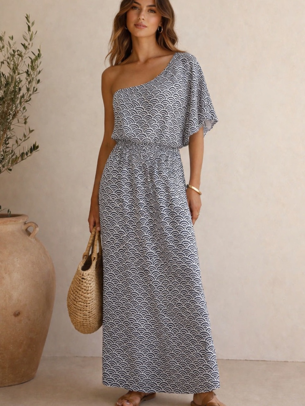 Mud Pie One-Shoulder Flutter sleeve Blue & White Wave-Print Maxi Dress NWT Med